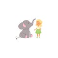 Little girl with baby elephant. Raster illustration in flat cartoon style Royalty Free Stock Photo