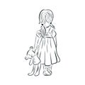 Little girl back and holds a toy. vector illustration