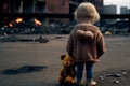 little girl back a torn teddy against the backdrop of an exploding city. Illustration Generative AI Royalty Free Stock Photo