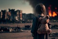 little girl back a torn teddy against the backdrop of an exploding city. Illustration Generative AI Royalty Free Stock Photo