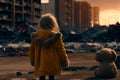 little girl back a torn teddy against the backdrop of an exploding city. Illustration Generative AI Royalty Free Stock Photo