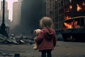 little girl back a torn teddy against the backdrop of an exploding city. Illustration Generative AI Royalty Free Stock Photo