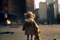 little girl back a torn teddy against the backdrop of an exploding city. Illustration Generative AI Royalty Free Stock Photo