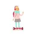 Little Girl With Backpack Riding Electric Self-Balancing Battery Powered Personal Electric Scooter Cartoon Character