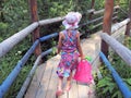 Little girl with backpack goes on old wooden bridge Royalty Free Stock Photo