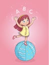 Little girl on a ball juggles with ABC letters. Educational poster for children. Royalty Free Stock Photo