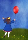 Little girl with a balloon in a spring meadow