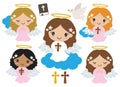 Little Girl Baptism Angels Praying and Holding Cross Vector Illustration. Royalty Free Stock Photo