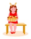 Little girl with a basket of Easter eggs are sitting on a bench. With rabbit ears. Egg hunt. Vector illustration in flat cartoon Royalty Free Stock Photo