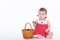 Little girl with a basket of eating cherries Royalty Free Stock Photo