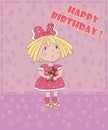 Little girl with bear celebrates birthday, postcard