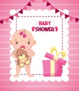 little girl with bear gift baby shower card Royalty Free Stock Photo