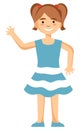 Little girl in beautiful blue summer dress waving hi over white background. Royalty Free Stock Photo