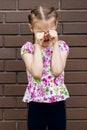 A little girl with a beautiful hairstyle is very upset and cries, wiping her eyes with her hands Royalty Free Stock Photo