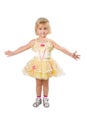 Little girl in a beautiful yellow dress and crown on white back Royalty Free Stock Photo