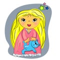 Little girl bed time. cartoon child playing with t Royalty Free Stock Photo