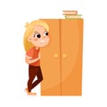 Little Girl Behind Wardrobe Playing Hide and Seek Game and Having Fun Vector Illustration