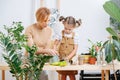 Little girl filling cardboard cases with her mother for gardening Royalty Free Stock Photo