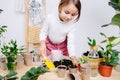 Little girl in warm clothes replanting seedlings on a wooden table