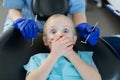 Little girl being afraid of checkup at dentists Royalty Free Stock Photo