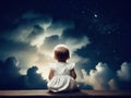 Little girl on bench admiring cumulus clouds in the calm night sky Royalty Free Stock Photo