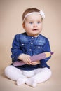 Little girl with big crayon Royalty Free Stock Photo