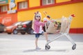 A little girl with a big trolley buys fresh food and vegetables in a big supermarket in the summer alone.