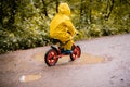 Little girl on bike riding at a puddle Royalty Free Stock Photo