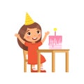 Little girl with birthday cake flat vector illustration. Royalty Free Stock Photo