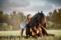 Little girl with black friesian stallion Royalty Free Stock Photo