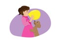 Little girl blowing balloons There is a little dog to help. Flat style cartoon illustration vector