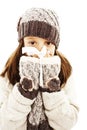 Little girl blowing her nose. Winter style. Royalty Free Stock Photo