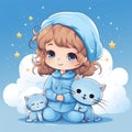 a little girl in blue clothes with two cats