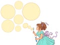 A little girl in a blue dress makes soap bubbles. There were several offers, services, promotions. Business for children