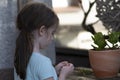 Little girl in a blue T-shirt and black shorts sits on a wooden table with a flower in a pot Royalty Free Stock Photo