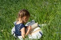 Little girl with a book in the garden. Kid is readding a book. A little girl 4-5 years old sits on the grass and reads a book