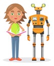 Little Girl with Book and Iron Robot illustration Royalty Free Stock Photo