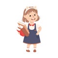 Little Girl with Books Standing and Talking to Somebody Engaged in Friendly Communication Vector Illustration