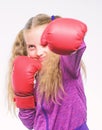 Little girl in boxing gloves punching. Sport and sportswear fashion. knockout and energy. Sport success. training with Royalty Free Stock Photo