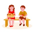 Little girl and boy with a basket of Easter eggs are sitting on the bench. Vector illustration in flat cartoon style. Isolated on Royalty Free Stock Photo