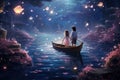 Little girl and boy in a boat in the sea. Fantasy illustration. tranquil river flowing under the radiant moonlight during a spring