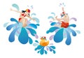 Little girl and boy jumping into a pool