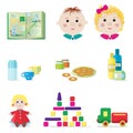 Little girl and boy. Kids set of toys, care items, and baby food isolated on white background. Vector. Royalty Free Stock Photo