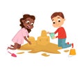 Little Girl and Boy Playing in Sandbox, Kid Having Fun on Playground Cartoon Style Vector Illustration Royalty Free Stock Photo
