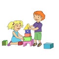 Little girl and boy playing with toy blocks.