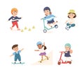 Little Girl and Boy on Scooter and Skateboard in Skate Park Having Fun and Enjoying Recreational Activity Vector Set Royalty Free Stock Photo
