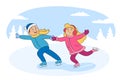 Little girl and boy skating vector illustration. Cheerful children in warm clothes cartoon characters. Happy childhood Royalty Free Stock Photo