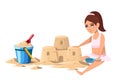 Little girl build a simple sand castle with blue bucket and red shovel. Cartoon character design. Flat vector illustration