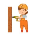 Little Girl Builder Wearing Hard Hat and Overall Drilling Hole in Timber Vector Illustration Royalty Free Stock Photo