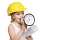 Little girl builder in yellow helmet screaming into the loudspeaker